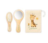 Set Spazzola Neonato Personalizzato con giraffa e nome Spazzola Morbida e Specchio Personalizzati con Nome Legno Naturale Idea Regalo Natale Nascita Ser per la Cura del Bambino Bambina