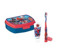 Set Spiderman Portamerenda con Spazzolino e Dentifricio Mr. White per Bambini - Lunch Box Senza BPA, A Prova di Perdite, Adatto a Microonde e Lavastoviglie, Spazzolino con Setole Morbide e Dentifrici