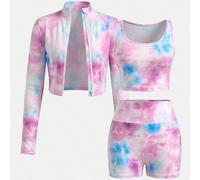 Set sportivo da 3 pezzi per ragazze pre-adolescenti con maglietta a maniche lunghe con collo alto e chiusura lampo, canotta e leggings da ciclismo 8Y,9Y,10Y,11Y,12Ystampa dappertuttoPoliestere,Tessuto