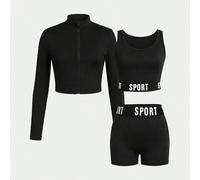 Set sportivo da 3 pezzi per ragazze pre-adolescenti con maglietta a maniche lunghe con collo alto e chiusura lampo, canotta e leggings da ciclismo, outfit autunno/inverno 7Y,8Y,9Y,10Y,11Y,12Y,13YLette