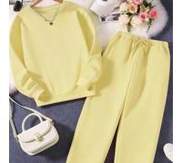 Set sportivo da donna, top pullover casual e versatile alla moda, colore giallo, adatto per uso quotidiano, vacanze, attività all'aperto, collo rotondo, maniche lunghe, adatto per il ritorno a scuola 