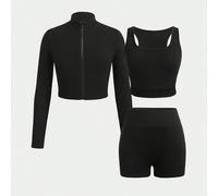 Set sportivo da ragazza tween con maglietta a maniche lunghe con colletto alto e cerniera frontale, canotta con apertura posteriore e leggings da ciclismo, set sportivo nero 7Y,8Y,9Y,10Y,11Y,12Y,13YCo