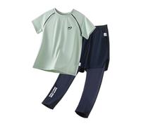 Set sportivo per ragazzi, comodo, traspirante, a maniche corte, per il tempo libero, sportivo, casual, con logo in due pezzi, colori a contrasto per lezioni di ginnastica, Stil-l01 verde militare, 170