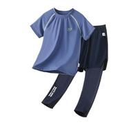 Set sportivo per ragazzi, comodo, traspirante, a maniche corte, per il tempo libero, sportivo, casual, con logo in due pezzi, colori a contrasto per lezioni di ginnastica, Stil-l10 blu navy, 130