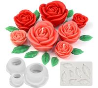 Set Stampi in Silicone per Candele Rosa 3D, 4 Pezzi con in Silicone Fiori Grandi, Medi e Piccoli + Stampo Foglie, Stampi per Candele, Resina, Cera, Stampo Fiori e
