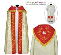 Set stola e mantello rosso oro con ricamo Agnus Dei, capa pluviale, fronte...