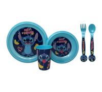 Set stoviglie in plastica riutilizzabile 5 pezzi piatti bicchiere posate per bambini set pranzo (Stitch (1))