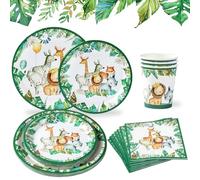 Set stoviglie per feste a tema Jungle Safari per 24 ospiti, forniture per feste di compleanno per bambini 96 pezzi piatti di carta e tovaglioli tazze, stoviglie per feste per baby shower decorazioni