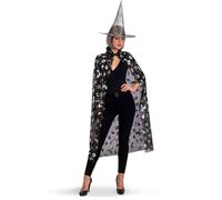 Set strega mantello in maglino cm 120 e cappello con stampa argento adulto
