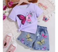 Set T-Shirt casual a maniche corte con stampa farfalla per ragazze giovani e pantaloncini effetto denim per la primavera/estate 6Y,7Y,4Y,5YAnimale,Piante,FarfallaPoliestere,Tessuto intrecciato