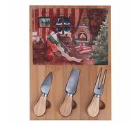 Set tagliere e 3 coltelli da formaggio, in legno di bambù e ceramica, decoro natalizio, 21,5x30,5 cm, XMas Vintage