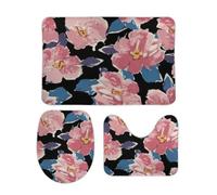 Set Tappeti Bagno 3 Pezzi Abstract Simple Big Flowers Pink Antiscivolo Tappetino per WC Lavabili Tappeto a Forma di U per Bagno WC