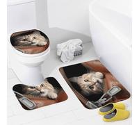 Set Tappeti Bagno 3 Pezzi,Cat Peeks Out of Zippered Leather Pocket Antiscivolo Coperchio del WC Asciugatura Rapida Tappetino girowater a Forma di U per Docce Vasche WC