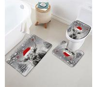 Set Tappeti Bagno 3 Pezzi,Christmas Funny Highland Cow Winter Pine Red Bird Snowflake Traspiranti Tappetino per WC Lavabili Tappetino girowater a Forma di U per Vasche WC Bagno
