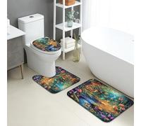 Set Tappeti Bagno 3 Pezzi,Colorful Trees Animals Nature Inspired Lavabili Tappetino per WC Traspiranti Tappeto a Forma di U per Vasche Docce WC