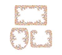 Set Tappeti Bagno 3 Pezzi Coniglio E Fiore di Pasqua Fiore di Primavera su Bianco Set di 3 Tappetini da Bagno Morbido Set 3 Pz Tappetini da Bagno Assorbente Tappetini Bagno Set 3 Pezzi per WC