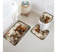 Set Tappeti Bagno 3 Pezzi,Cute Highland Cow Western Country Longhorn Cows Flowers Vine Morbido Copertura per WC Pelosi Tappetino girowater a Forma di U per Docce Vasche Bagno