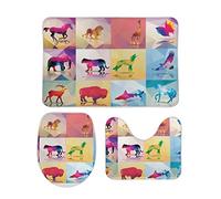 Set Tappeti Bagno 3 Pezzi Geometric Animals Pattern Colorful Lavabili Coperchio del WC Comodi Tappetino a Forma di U per Vasche Bagno
