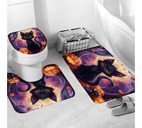 Set Tappeti Bagno 3 Pezzi,Halloween Cat Pumpkin Cats Black Moon Gothic Magic Horror Spooky Lavabili Copertura per WC Pelosi Tappetino girowater a Forma di U per Vasche Bagno Docce