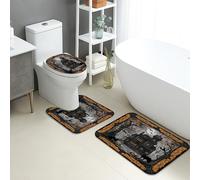 Set Tappeti Bagno 3 Pezzi,Halloween Spooky Haunted House Cats Black Autumn Ghosts Lavabili Tappetino per WC Traspiranti Tappetino girowater a Forma di U per WC Docce Vasche