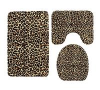 Set Tappeti Bagno 3 Pezzi,Leopard Print Wild Animal Big Cat Pattern Lavabili Copertura per WC Traspiranti Tappetino girowater a Forma di U per Docce WC Bagno