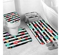 Set Tappeti Bagno 3 Pezzi,Ocean Coastal Sea Dolphin Octopus White Stripes Lavabili Tappetini Per WC Morbido Tappetino a Forma di U per Vasche Docce WC