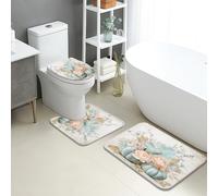 Set Tappeti Bagno 3 Pezzi,Spring Flowers Blue Green Roses Elegant Nature Pelosi Tappetino per WC Lavabili Tappeto a Forma di U per Vasche Bagno WC