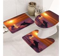 Set Tappeti Bagno 3 Pezzi,Sunset Dolphin Comodi Coperchio del WC Lavabili Tappeto a Forma di U per Docce Vasche WC