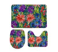 Set Tappeti Bagno 3 Pezzi Watercolor Abstract Flowers Abstract Style Morbido Tappetino per WC Antiscivolo Tappetino girowater a Forma di U per Vasche Bagno