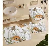 Set Tappeti Bagno 3 Pezzi,Watercolor Fall Flowers Lavabili Tappetini Per WC Asciugatura Rapida Tappetino girowater a Forma di U per Docce Bagno WC