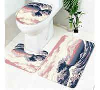 Set Tappeti Bagno Onde giganti dell'oceano con Stampa 3 Pezzi rosso chiaro Tappetini Bagno Assorbenti Antiscivolo Lavabili, Copriwater e Tappeto Contorno WC a U