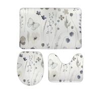 Set Tappeti da Bagno 3 Pezzi Abstract Flowers Flying Butterflies Grey Pelosi Copertura per WC Traspiranti Tappetino girowater a Forma di U per Bagno WC