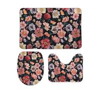 Set Tappeti da Bagno 3 Pezzi Abstract Flowers Pink Morbido Coperchio del WC Traspiranti Tappetino girowater a Forma di U per Vasche Docce