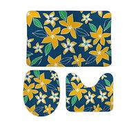 Set Tappeti da Bagno 3 Pezzi Abstract Geometric Tropical Hibiscus Flowers Antiscivolo Tappetino per WC Asciugatura Rapida Tappeto a Forma di U per Docce Vasche