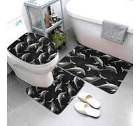 Set Tappeti da Bagno 3 Pezzi,Black Dolphin Print Comodi Coperchio del WC Antiscivolo Tappetino a Forma di U per Vasche Docce WC