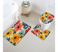 Set Tappeti da Bagno 3 Pezzi,Colorful Flowers Tropics Flower Plants Boho Modern Comodi Tappetino per WC Traspiranti Tappetino girowater a Forma di U per WC Docce Bagno
