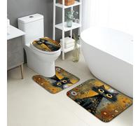 Set Tappeti da Bagno 3 Pezzi,Fanciful Artistic Cat Pattern Colorful Circular Morbido Tappetini Per WC Asciugatura Rapida Tappetino girowater a Forma di U per Docce Vasche WC