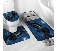 Set Tappeti da Bagno 3 Pezzi,Leopard Night Trees Full Moon Elegant Wildlife Mystic Leaves Comodi Copertura per WC Lavabili Tappetino girowater a Forma di U per Bagno Docce WC