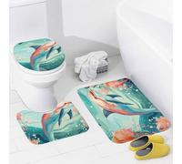 Set Tappeti da Bagno 3 Pezzi,Lovely Dolphin Antiscivolo Copertura per WC Asciugatura Rapida Tappetino girowater a Forma di U per Bagno WC Docce