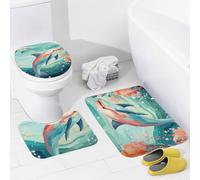 Set Tappeti da Bagno 3 Pezzi,Lovely Dolphin Morbido Copertura per WC Asciugatura Rapida Tappetino girowater a Forma di U per WC Bagno Docce