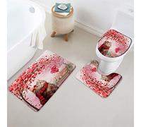 Set Tappeti da Bagno 3 Pezzi,Love's Day Cute Cat Romantic Red Love Tree Balloon Pink Girls Ladies Comodi Copertura per WC Pelosi Tappetino girowater a Forma di U per Vasche Docce WC