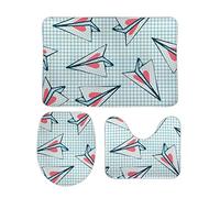 Set Tappeti da Bagno 3 Pezzi Paper Airplanes Pattern Blue Comodi Tappetini Per WC Morbido Tappetino girowater a Forma di U per WC Bagno