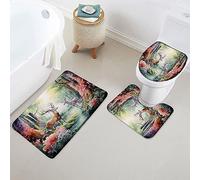 Set Tappeti da Bagno 3 Pezzi,Trees Deer Leaves Wildlife Pink Flowers Rustic Cabin Hunting Comodi Copertura per WC Morbido Tappeto a Forma di U per WC Vasche Bagno