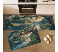 Set Tappeti Da Cucina Alberi Fiumi, 2 Pezzi Antiscivolo Paesaggio Naturale Tappetini Da Cucina E Tappeti Runner Set, Assorbente Tappetini Lavabili, 43x75cm+43x150cm, Giallo-Verde