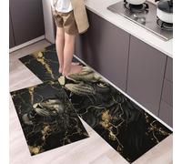Set Tappeti Da Cucina Crepe Di Marmo Leone, 2 Pezzi Antiscivolo Disegno Al Tratto Tappetini Da Cucina E Tappeti Runner Set, Assorbente Tappetini Lavabili, 43x75cm+43x150cm, Nero E Oro