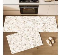 Set Tappeti da Cucina Eleganti Foglie Di Salice, 2 Pezzi Antiscivolo Campagna Piante Lavabili per Pavimento, Crema, Ideali per Cucina, Lavanderia e Corridoio 45×75cm+45×150cm