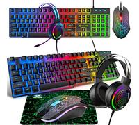 Set tastiera da gioco con cuffie e mouse, 104 tasti arcobaleno retroilluminato, tastiera britannica, 2400 dpi, suono surround 7.1 RGB leggero a nido d'ape, tappetino per mouse combo per PS4 Xbox