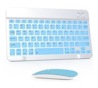 Set tastiera e mouse Bluetooth, layout QWERT, universale, ultra-sottile, wireless, per Android, Windows, iPad, iPhone, Samsung, tablet, set di tastiera compatta e portatile, colore azzurro