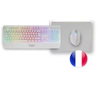 Mars Gaming MCP124, Layout francese, Combo Gaming 3 in 1, Tastiera ergonomica H-Mech LED RGB, Mouse RGB 3200DPI switch HUANO, Tappetino nanotessile 360x260mm, Compatibilità multipiattaforma, Bianco