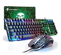 Set tastiera e mouse da gioco, 104 tasti, tastiera QWERTY retroilluminata arcobaleno, 2400 DPI 4 pulsanti, comodo tappetino per mouse con cavo USB, compatibile con Windows Mac, PC, PS4, nero